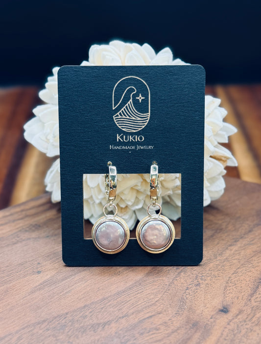 Gold-Fill Pastacio Coin Pearl Huggie Earrings