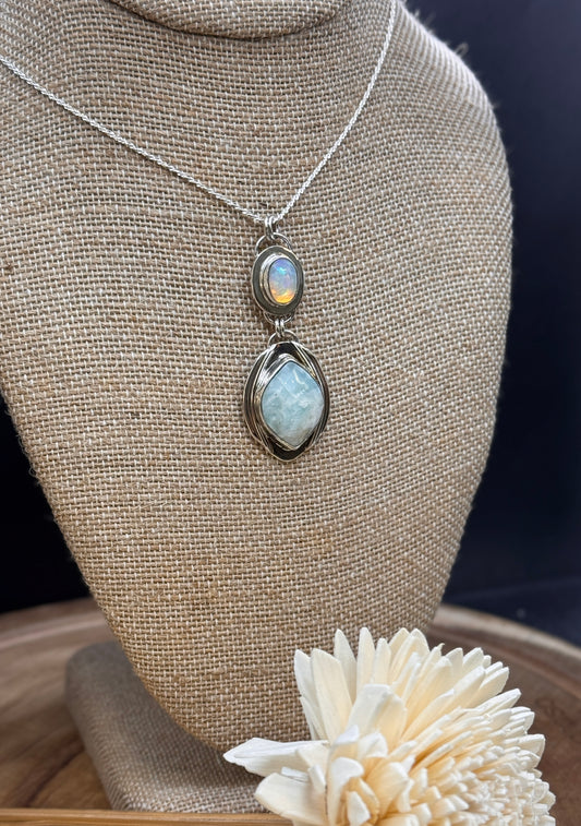Blue Calcite and Opal Sterling Silver Pendant