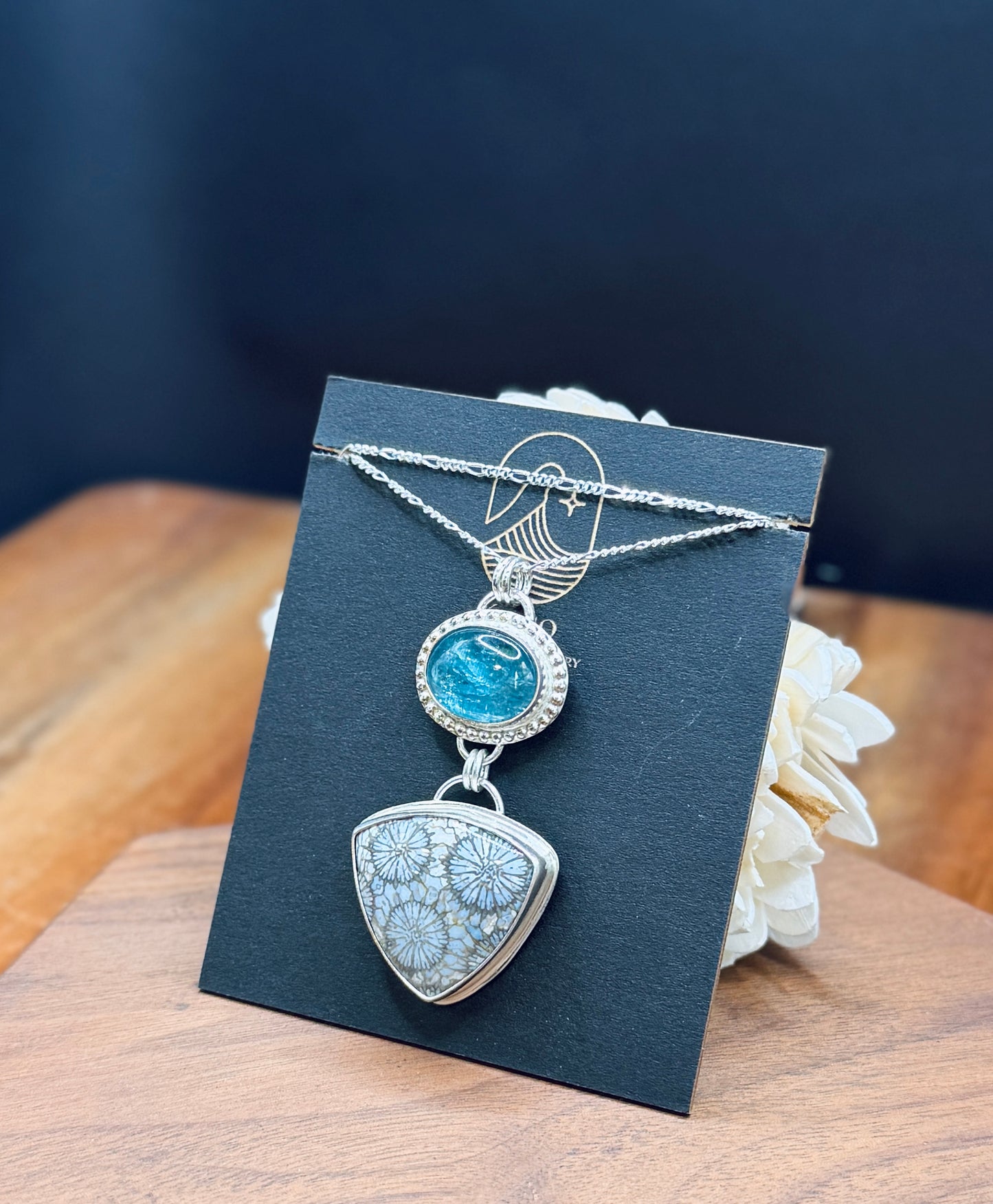 Sterling Silver Fossilized Coral and Aqua Kyanite Pendant