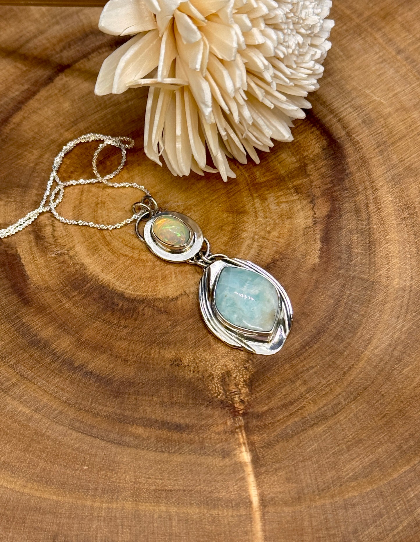 Blue Calcite and Opal Sterling Silver Pendant