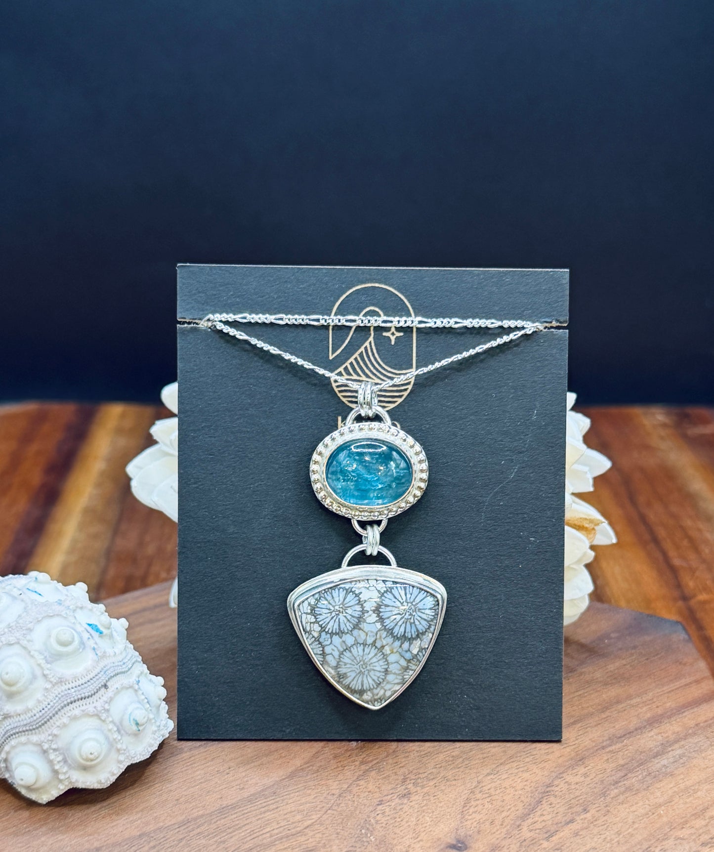 Sterling Silver Fossilized Coral and Aqua Kyanite Pendant