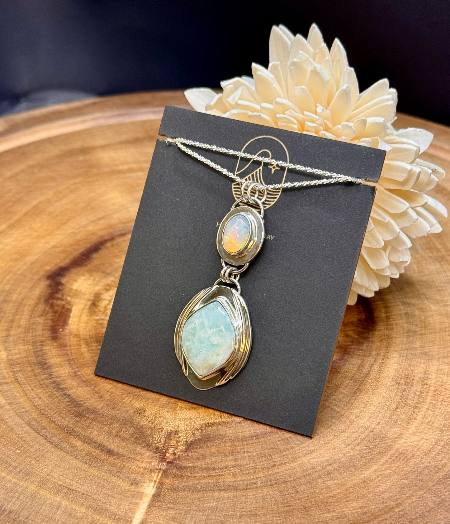 Blue Calcite and Opal Sterling Silver Pendant