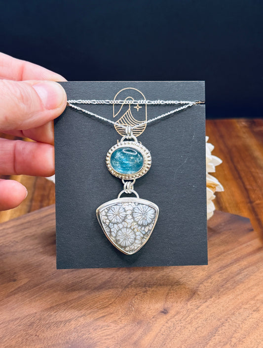 Sterling Silver Fossilized Coral and Aqua Kyanite Pendant