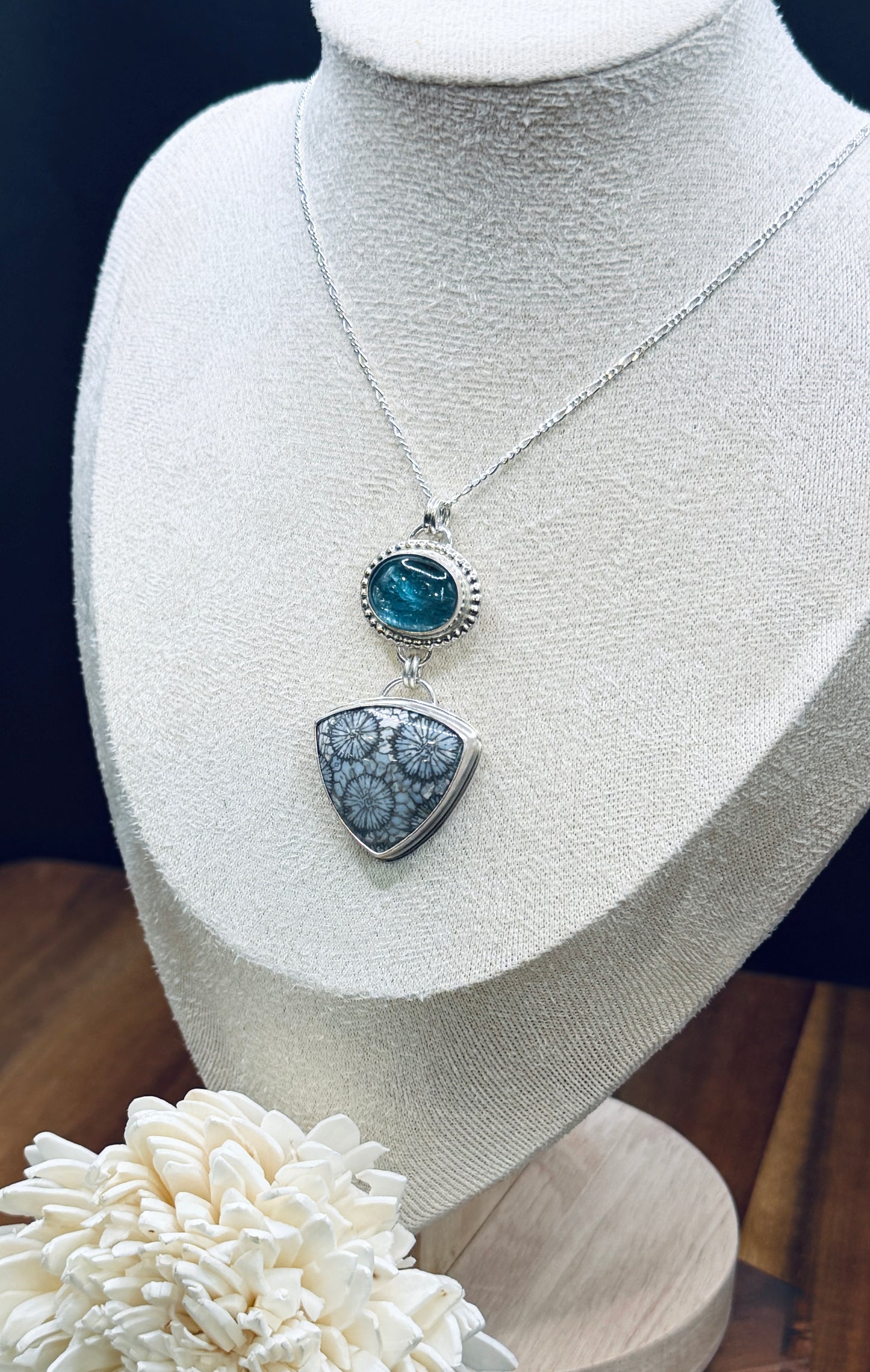 Sterling Silver Fossilized Coral and Aqua Kyanite Pendant