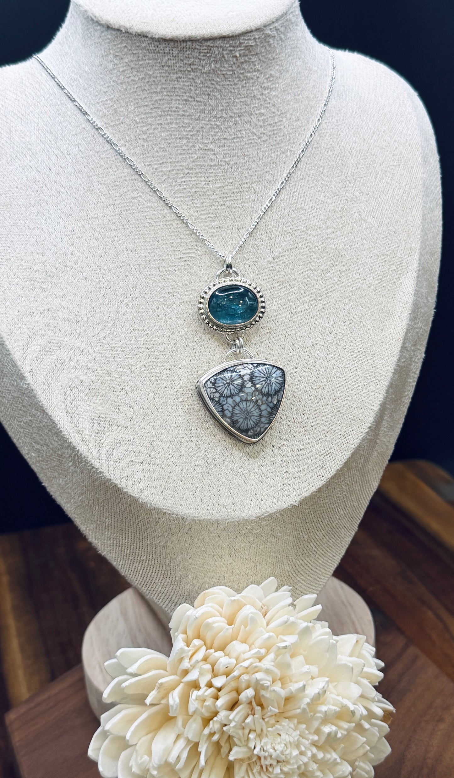 Sterling Silver Fossilized Coral and Aqua Kyanite Pendant