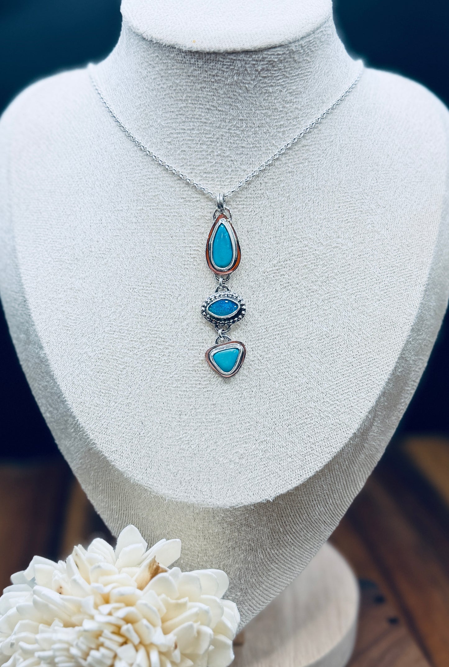 Sleeping Beauty Turquoise and Coober Pedy Opal Sterling Silver Pendant