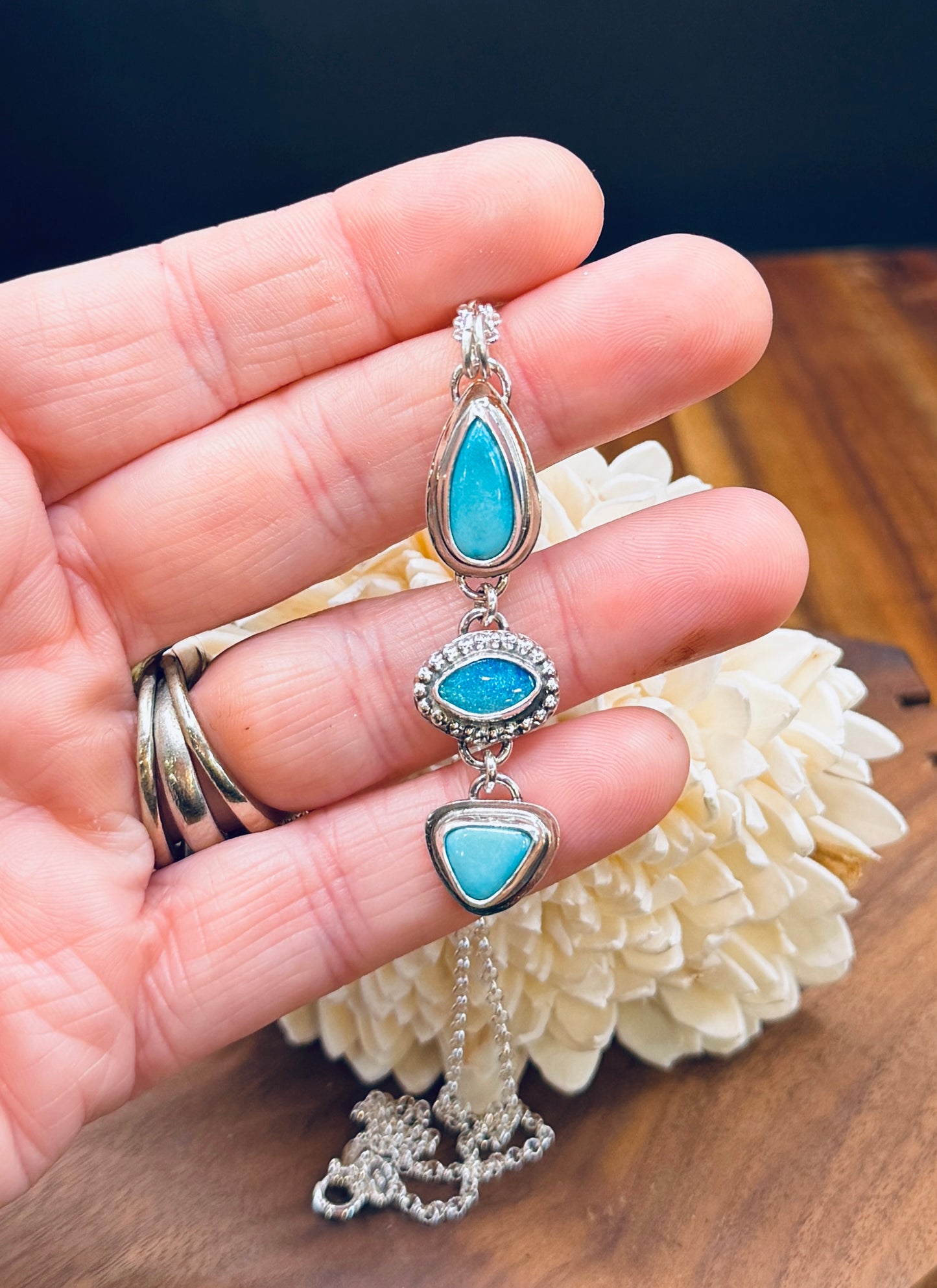 Sleeping Beauty Turquoise and Coober Pedy Opal Sterling Silver Pendant