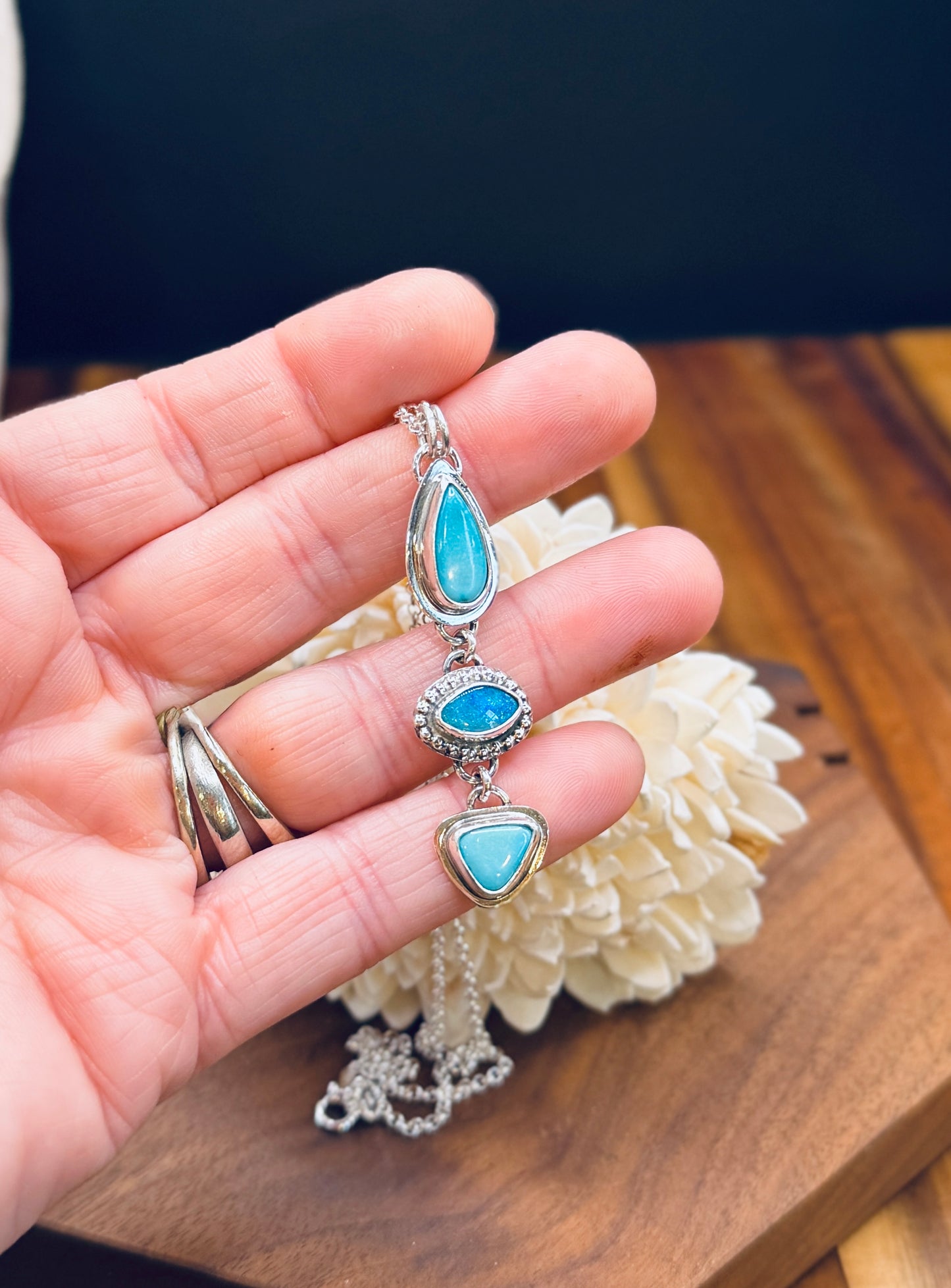 Sleeping Beauty Turquoise and Coober Pedy Opal Sterling Silver Pendant