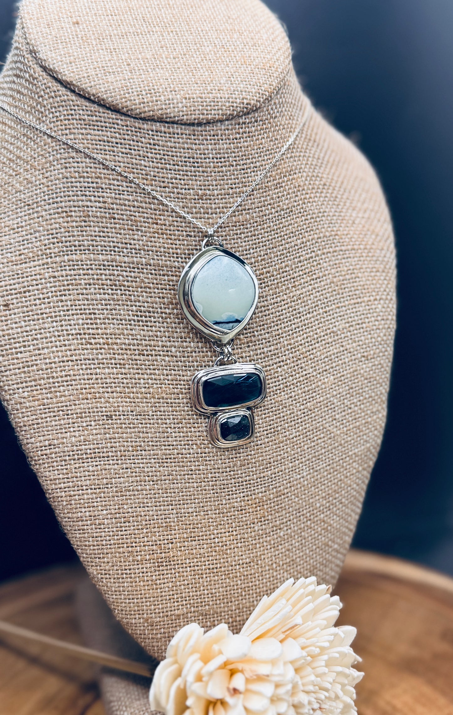 Natural Polychrome White River Hotsonite Pendant with Paraiba and Teal Moss Kyanite