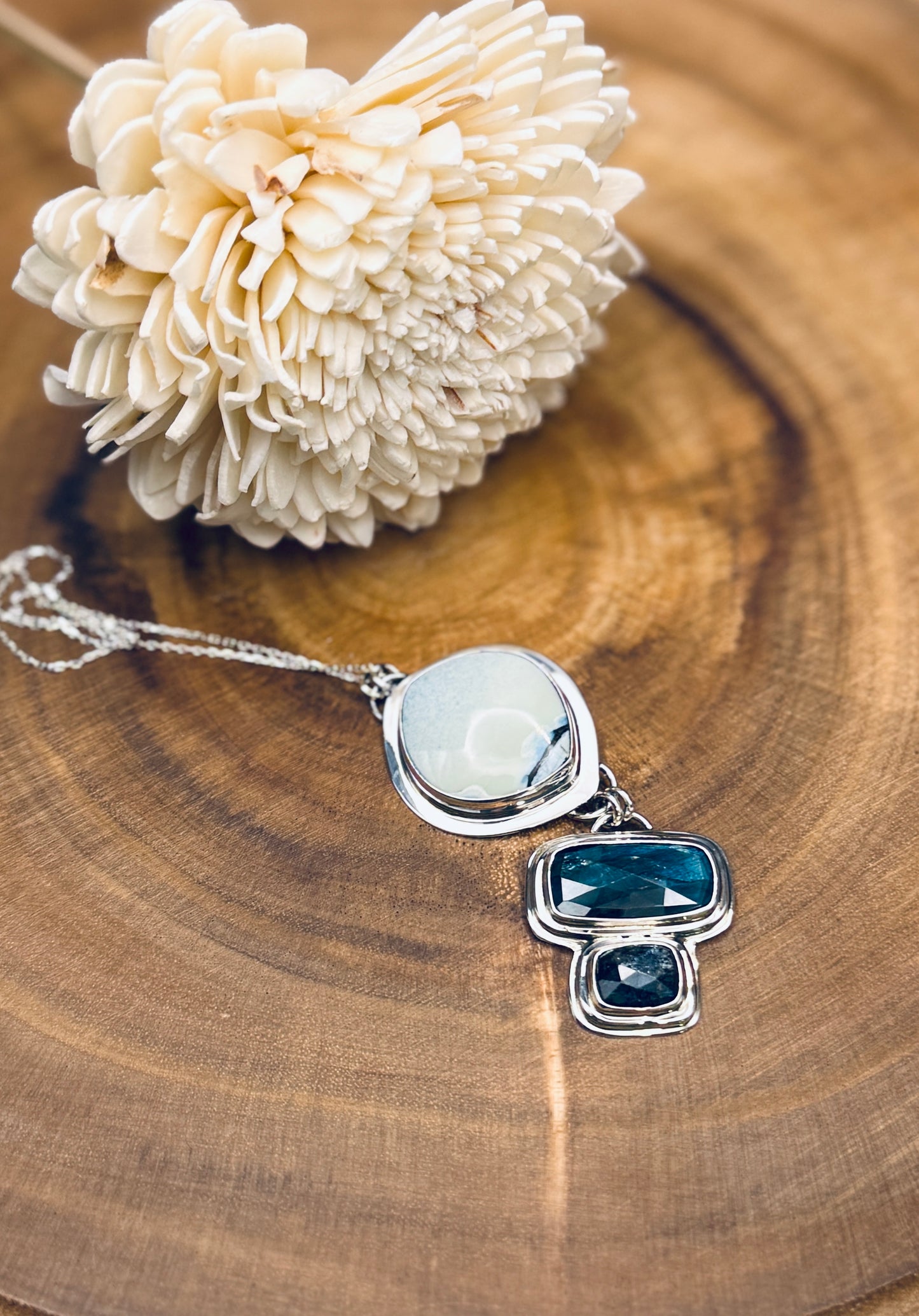 Natural Polychrome White River Hotsonite Pendant with Paraiba and Teal Moss Kyanite