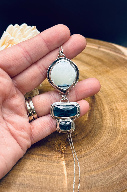 Natural Polychrome White River Hotsonite Pendant with Paraiba and Teal Moss Kyanite