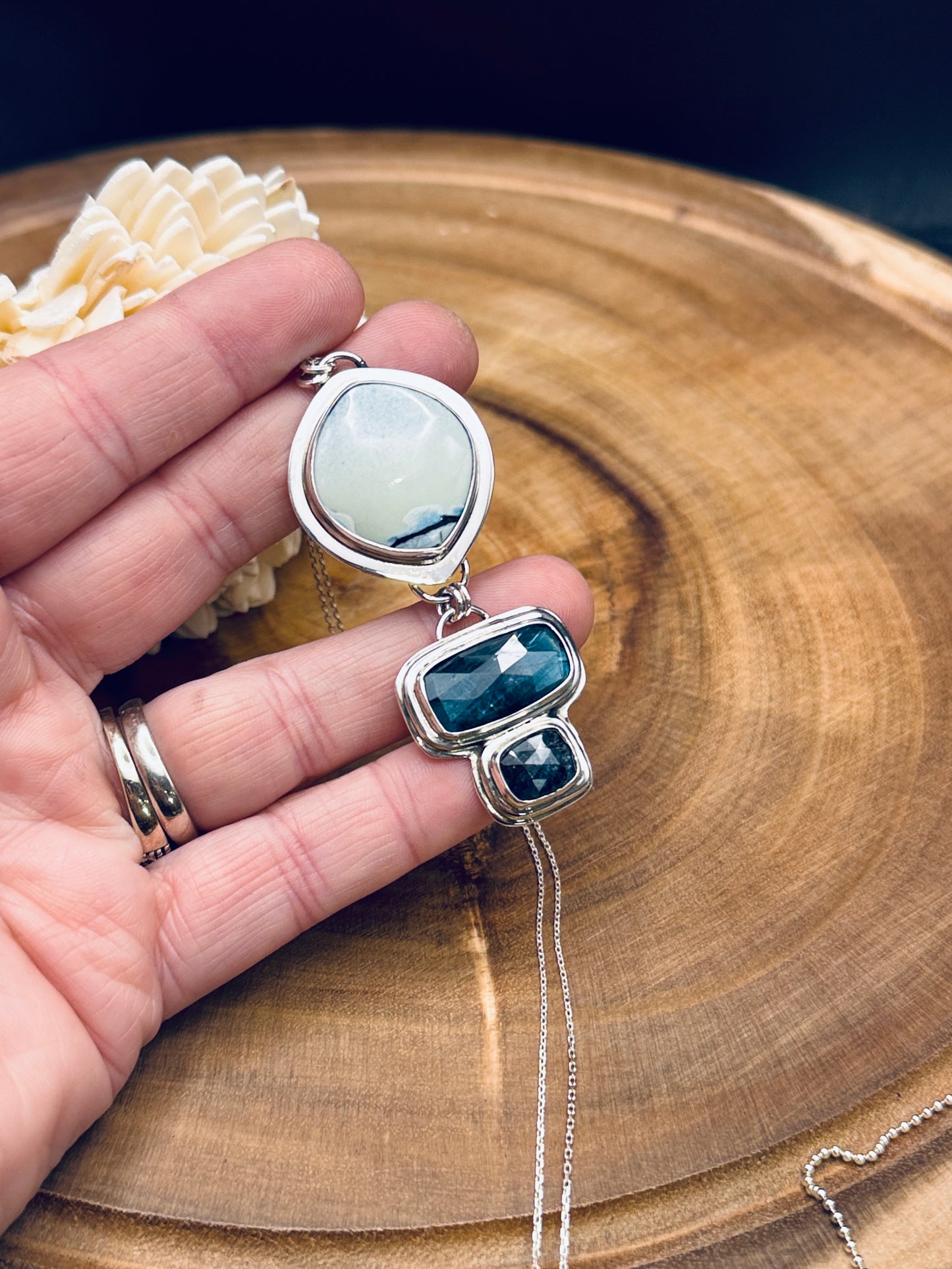 Natural Polychrome White River Hotsonite Pendant with Paraiba and Teal Moss Kyanite