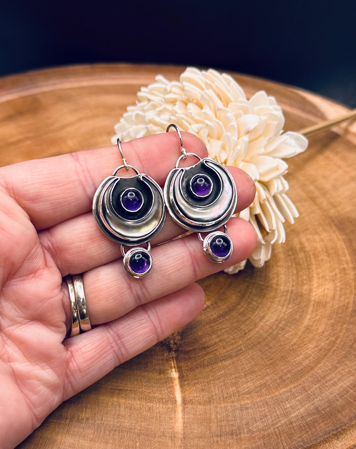 Crescent Glow Tahitian MOP and Amethyst Earrings