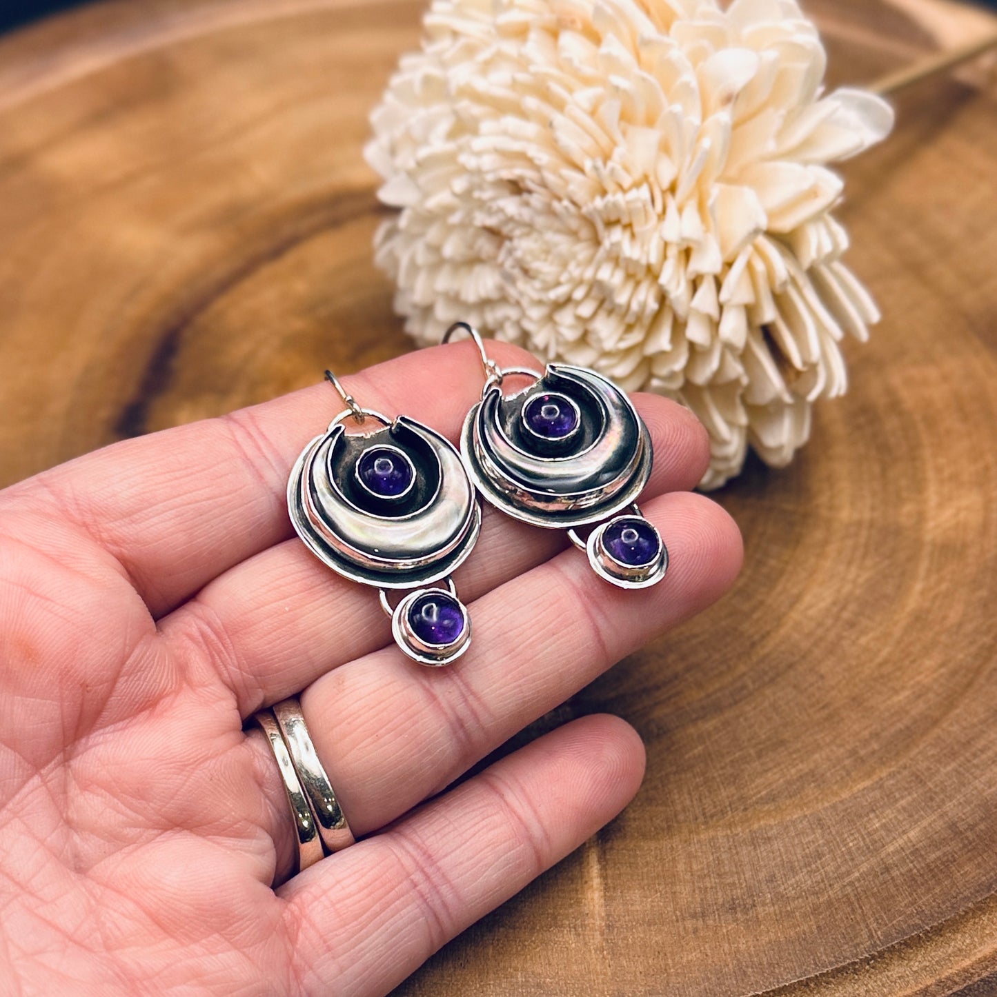 Crescent Glow Tahitian MOP and Amethyst Earrings
