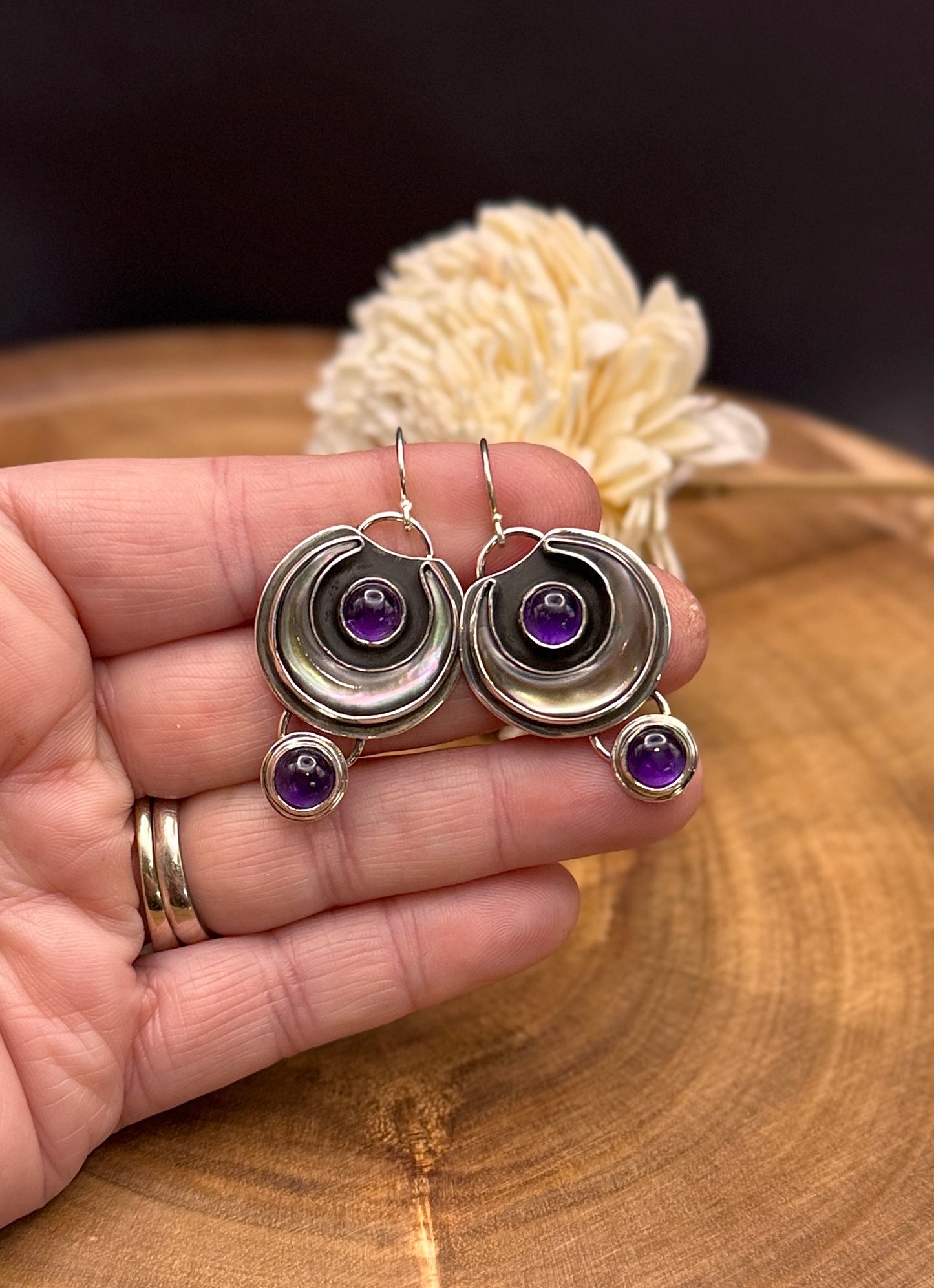 Crescent Glow Tahitian MOP and Amethyst Earrings