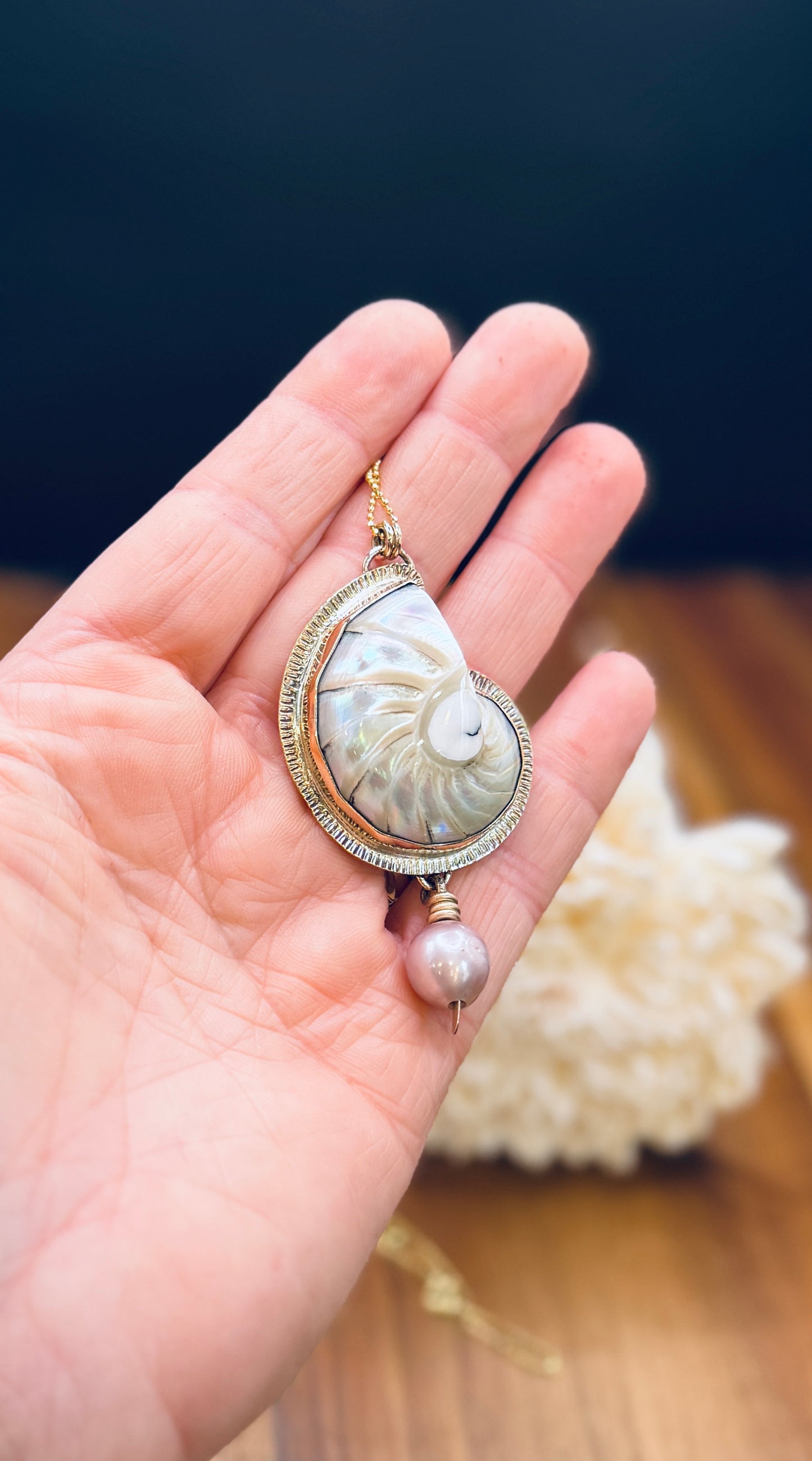 Pearlized Nautilus Shell with Pink Edison Pearl