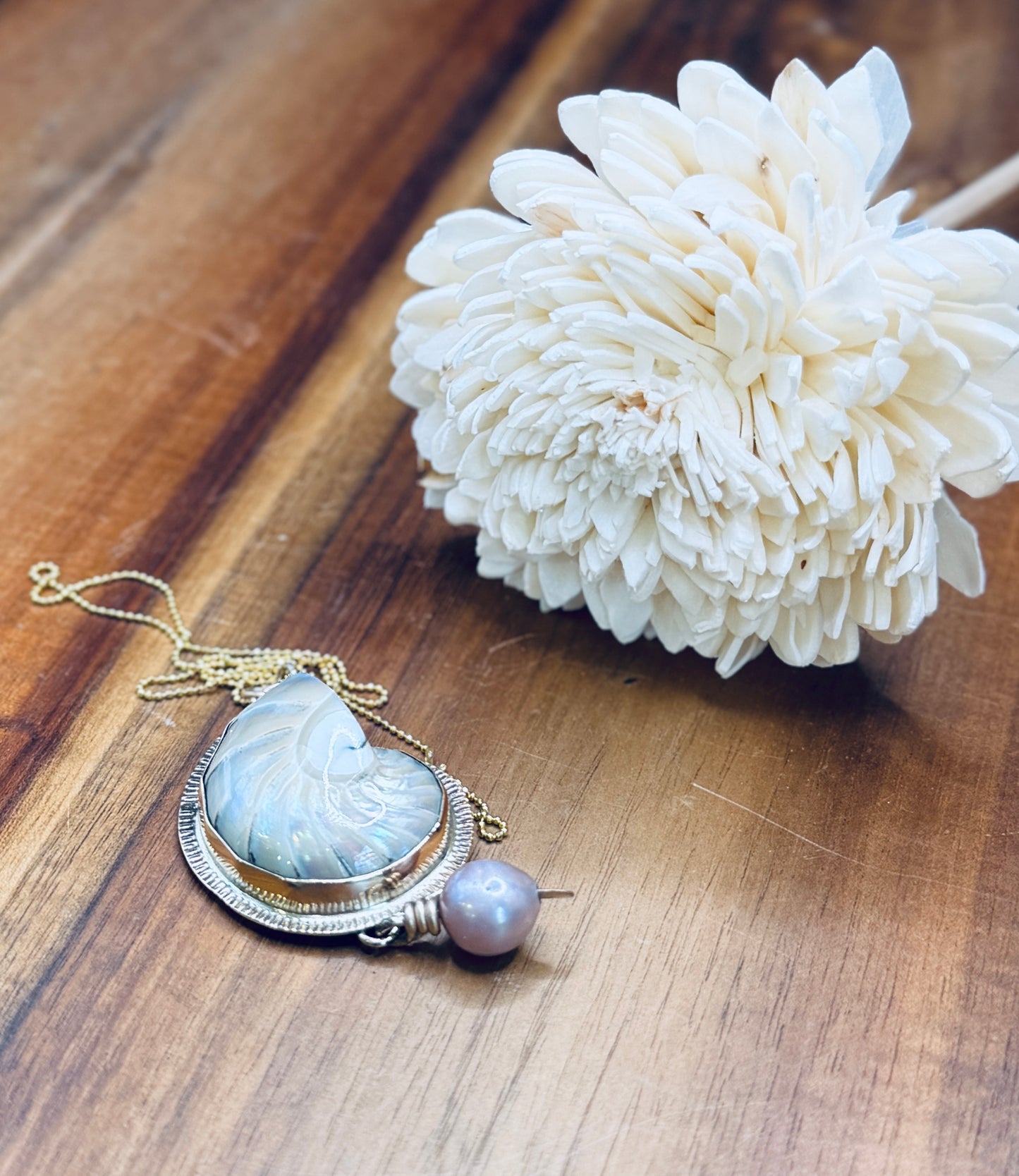 Pearlized Nautilus Shell with Pink Edison Pearl