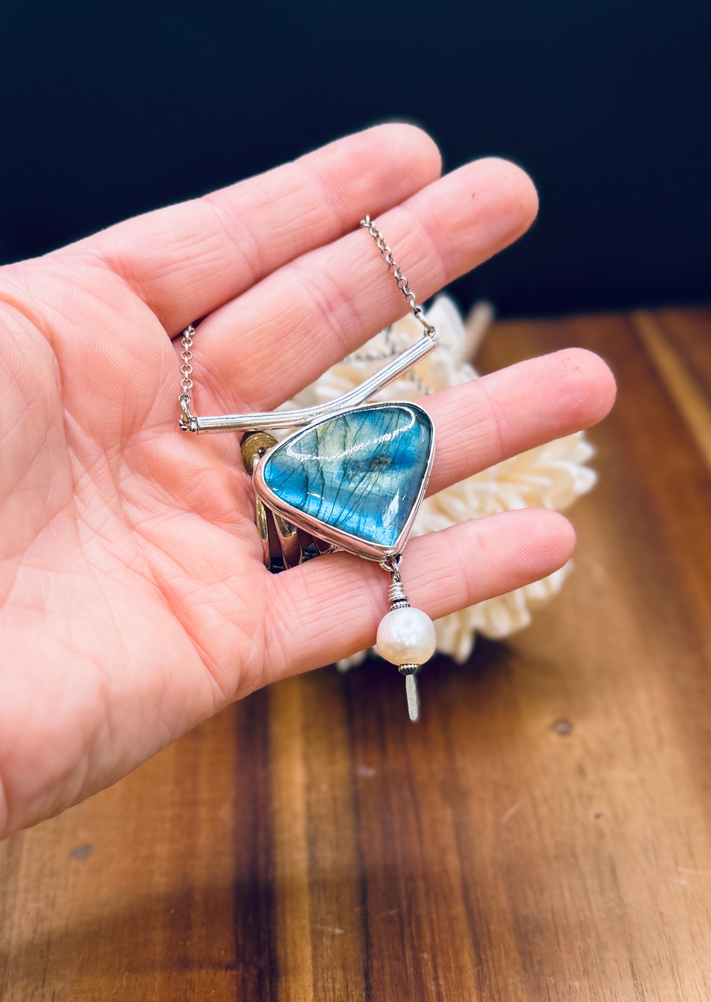 Sterling Silver Labradorite and Pearl Bar Necklace