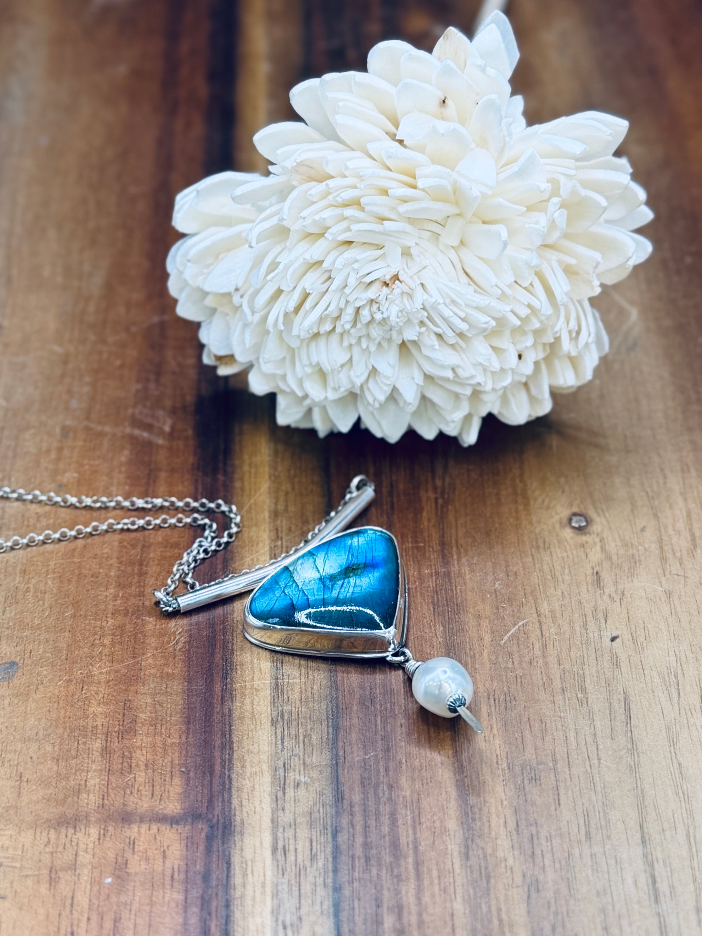 Sterling Silver Labradorite and Pearl Bar Necklace