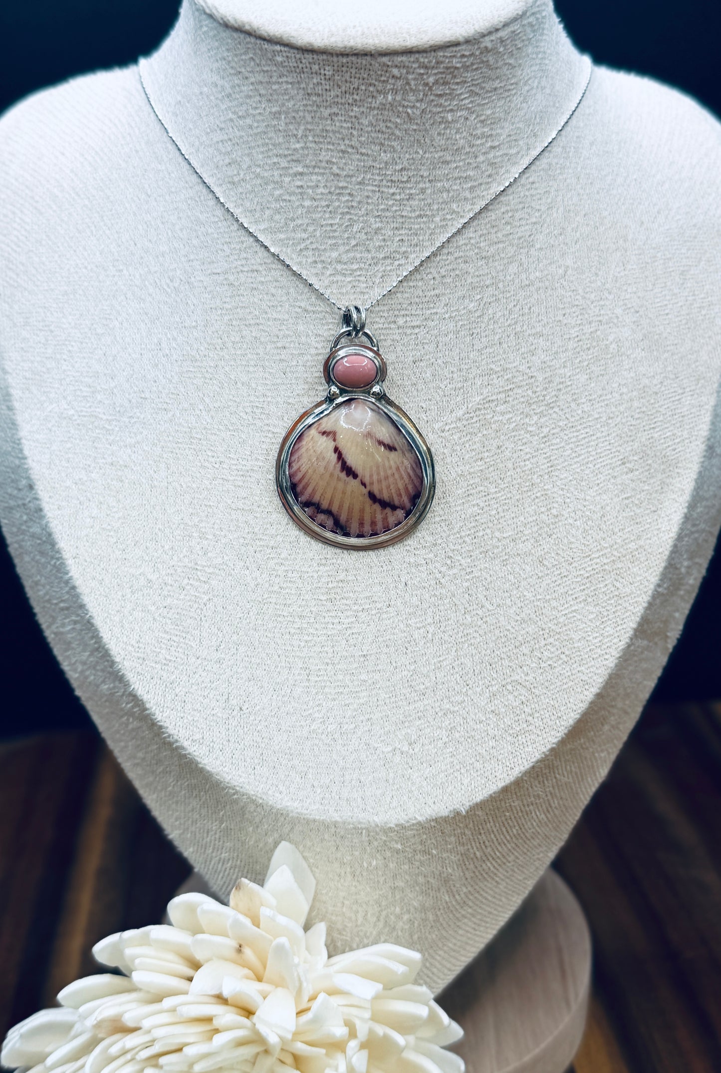 Sterling Silver Scallop Shell and Pink Opal Pendant