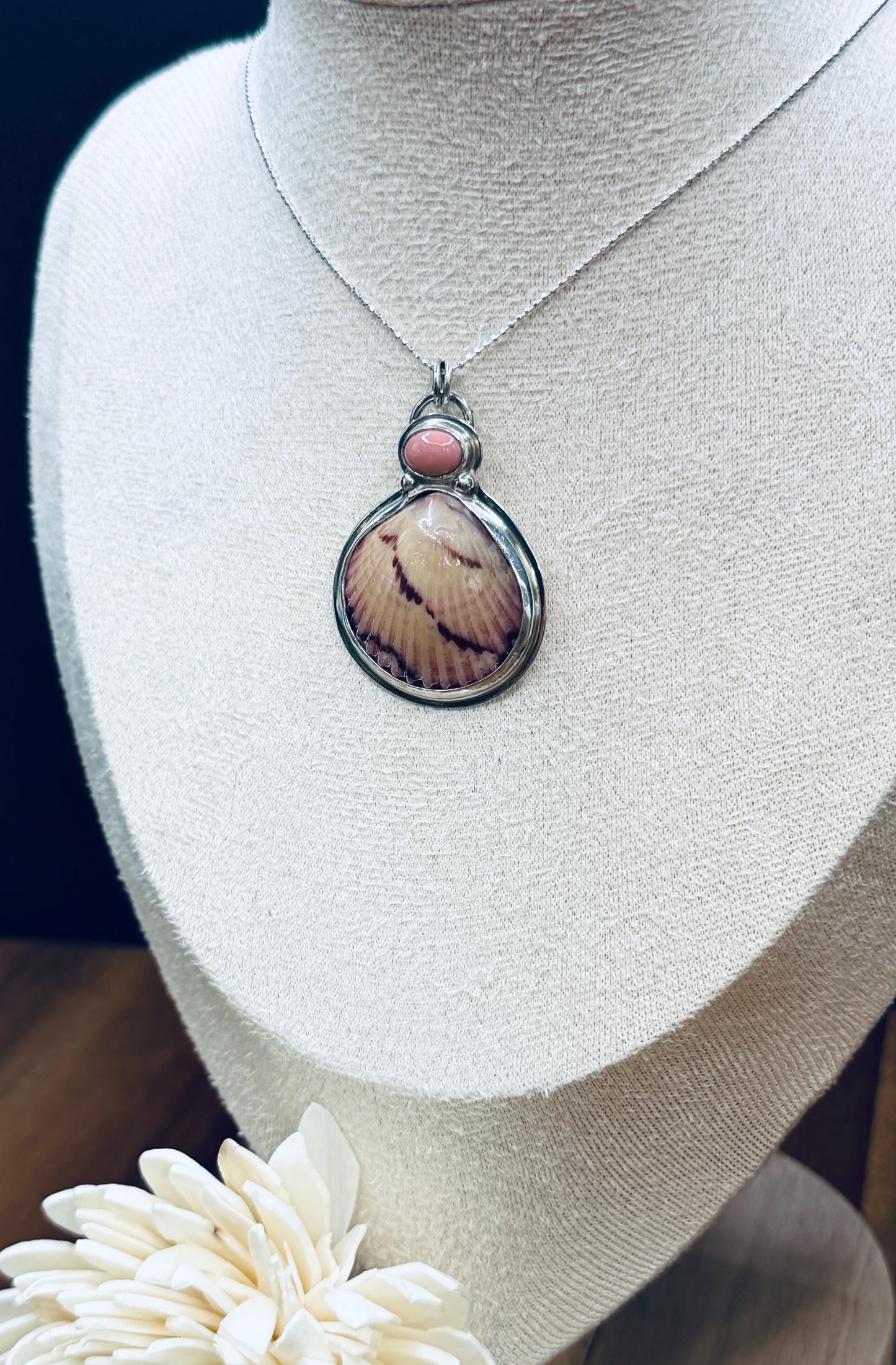 Sterling Silver Scallop Shell and Pink Opal Pendant