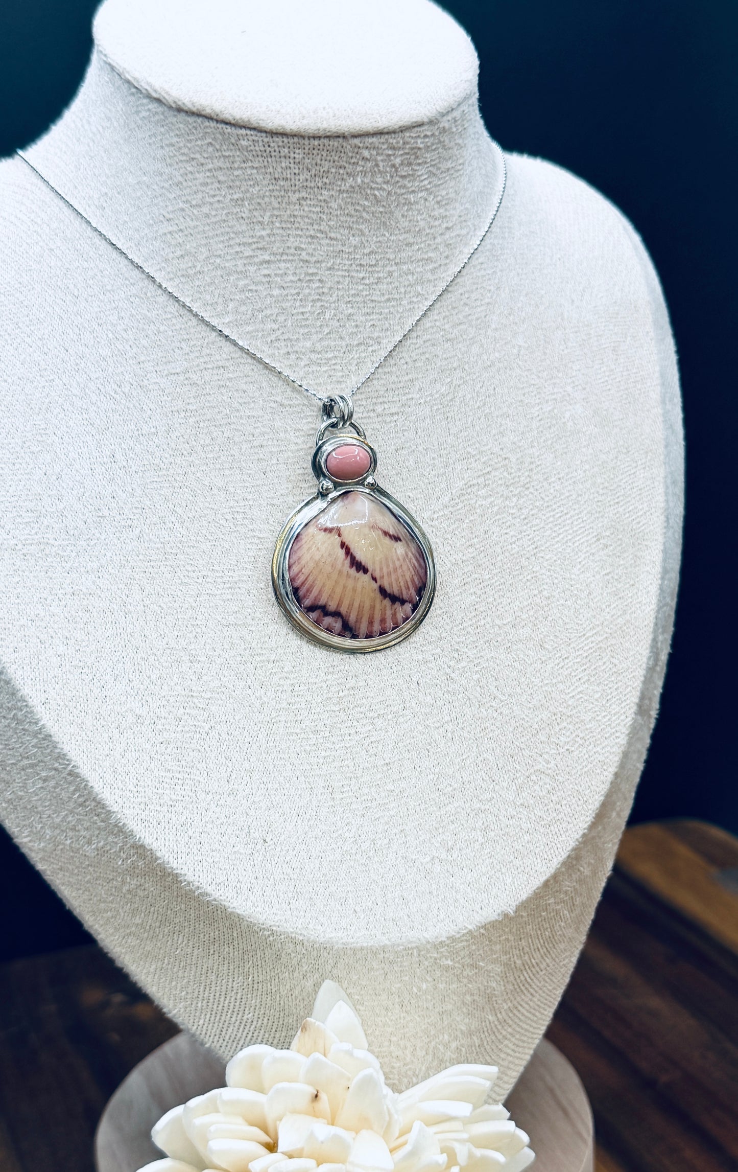 Sterling Silver Scallop Shell and Pink Opal Pendant