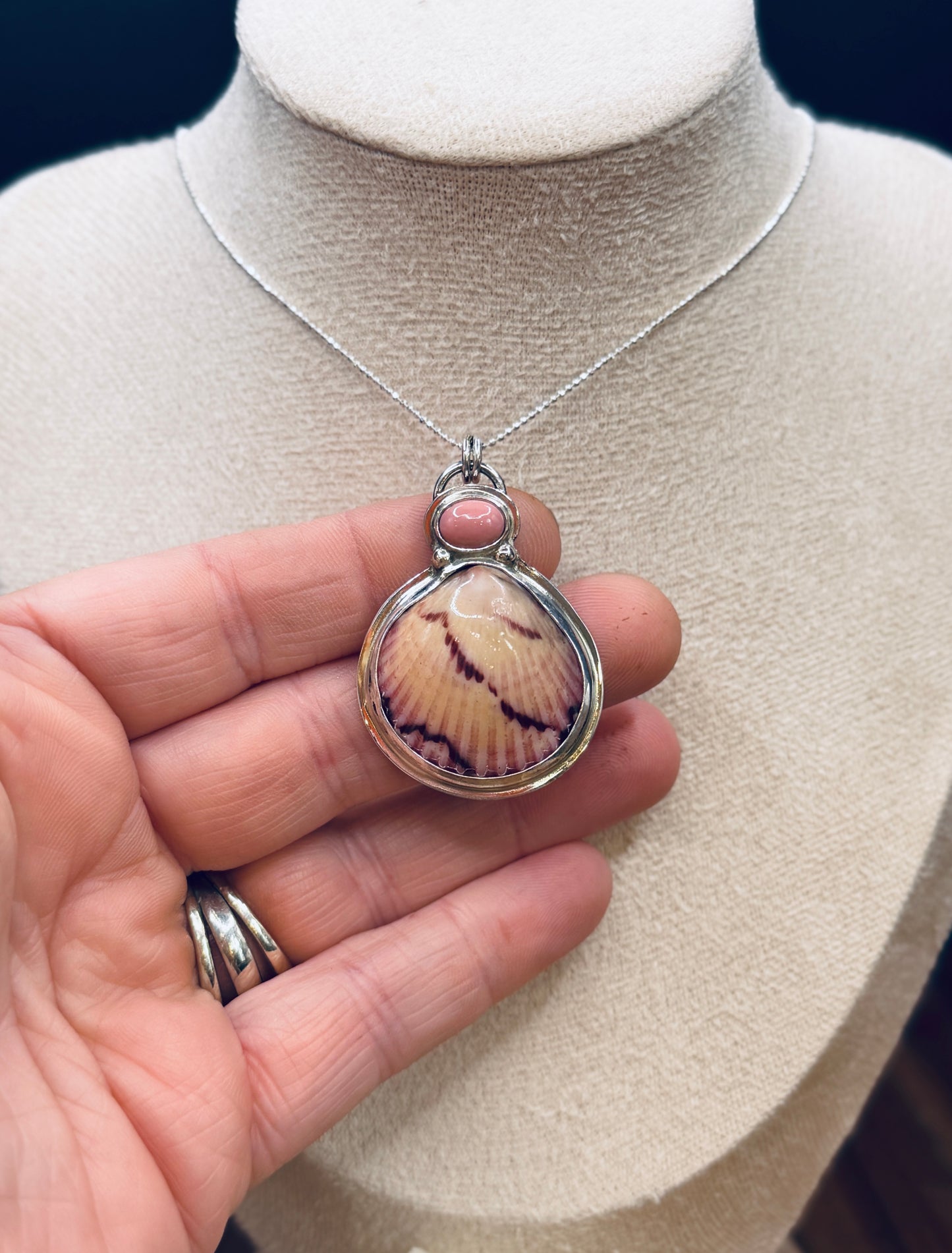 Sterling Silver Scallop Shell and Pink Opal Pendant