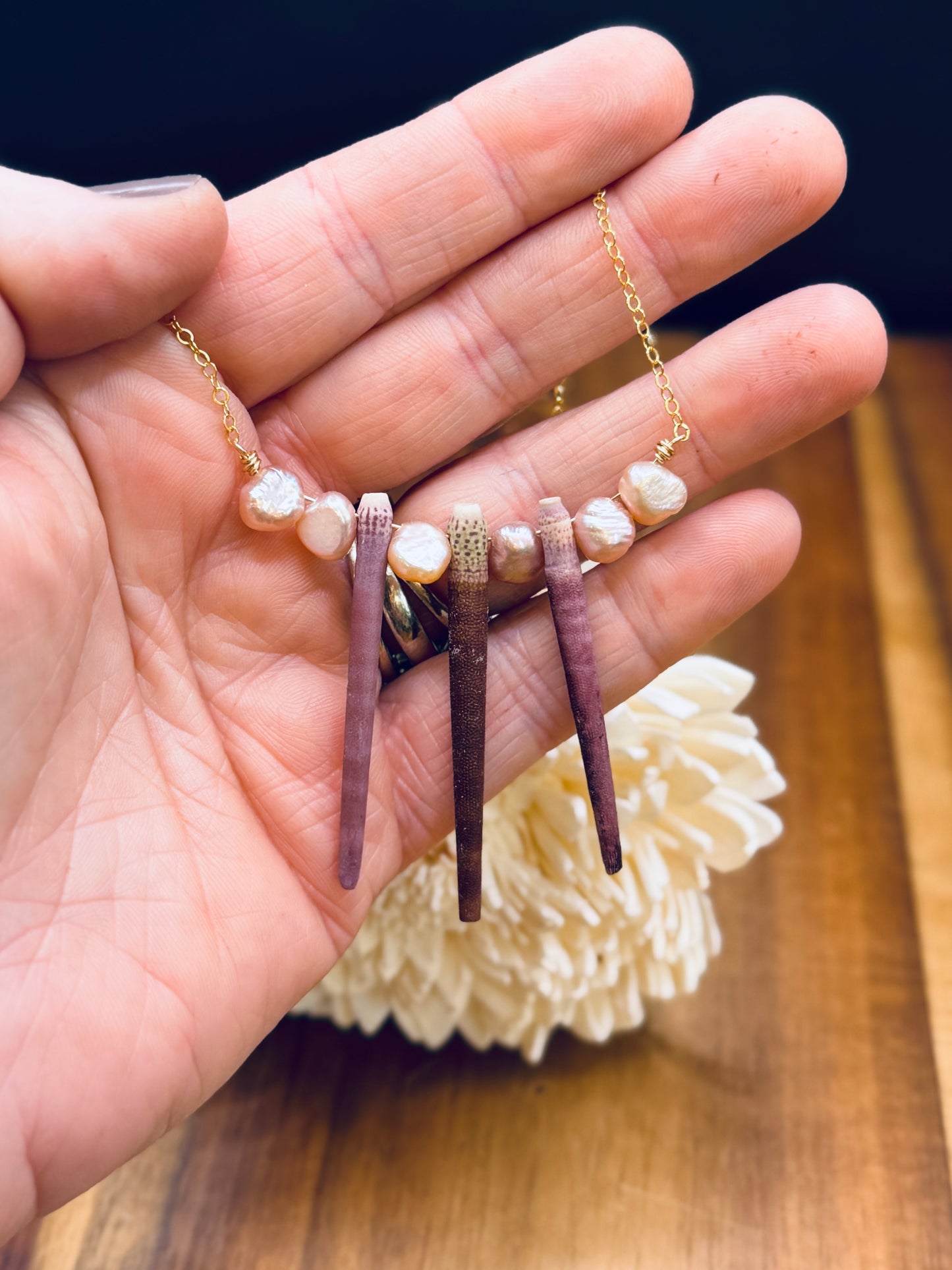 Gold-Fill Sea Urchin Spine and Pearl Necklace