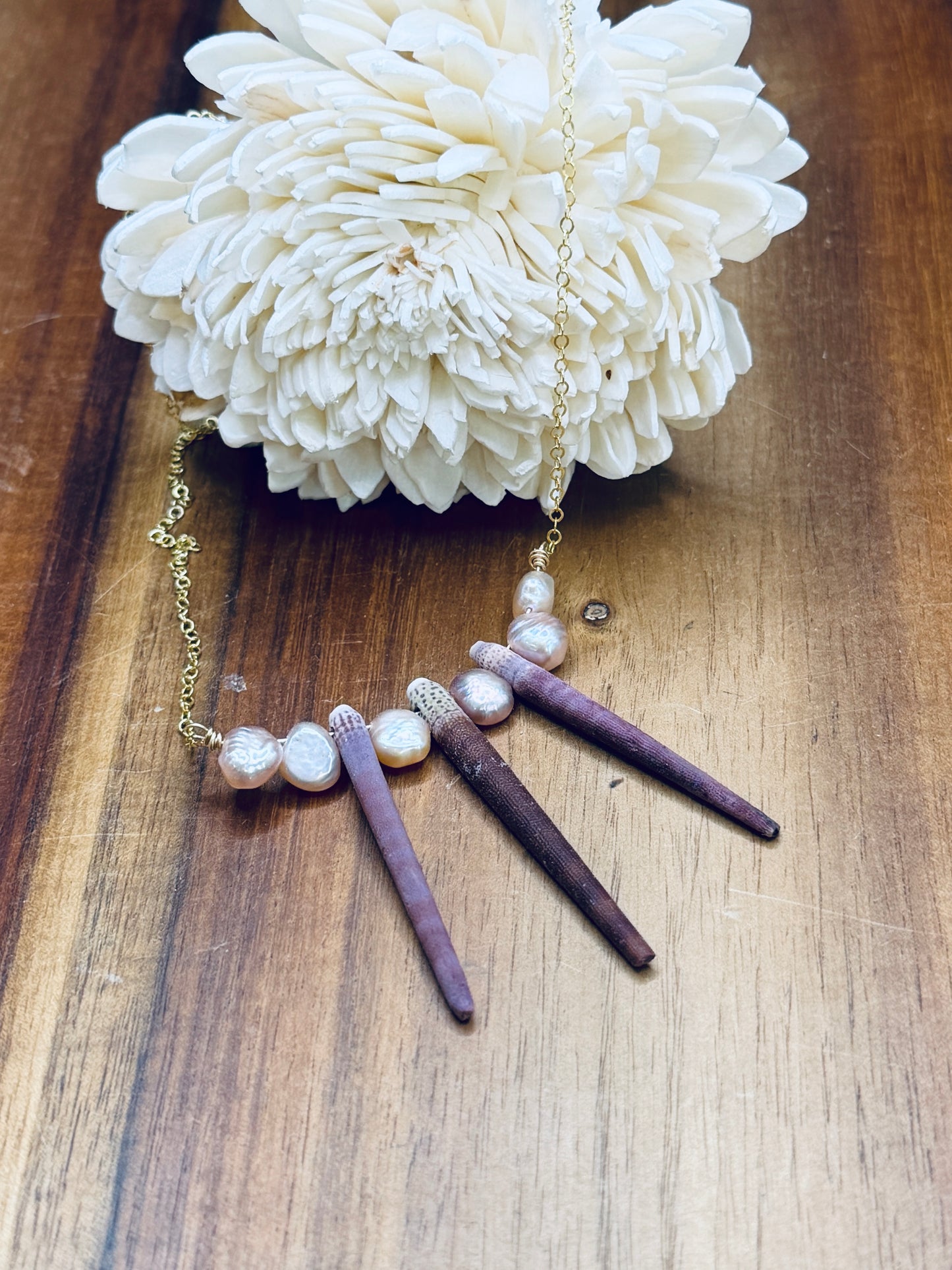 Gold-Fill Sea Urchin Spine and Pearl Necklace