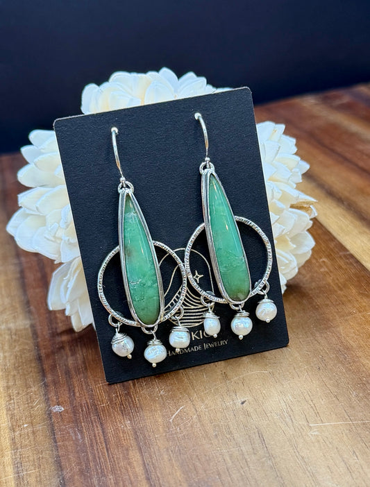 Sterling Silver Chrysoprase with white Pearl Earrings