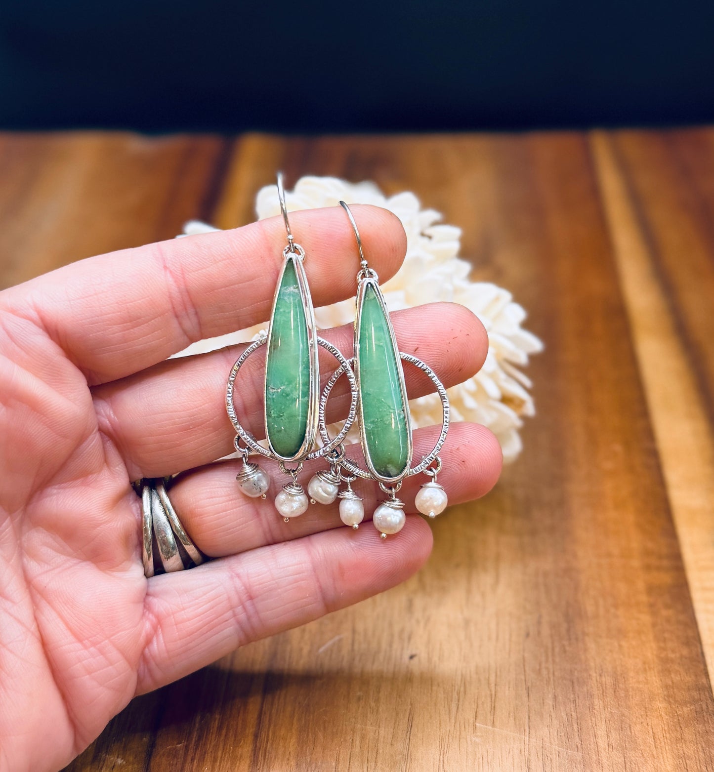 Sterling Silver Chrysoprase with white Pearl Earrings