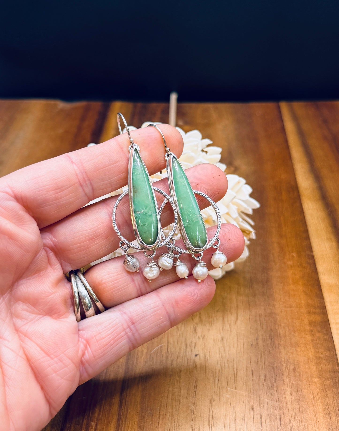 Sterling Silver Chrysoprase with white Pearl Earrings