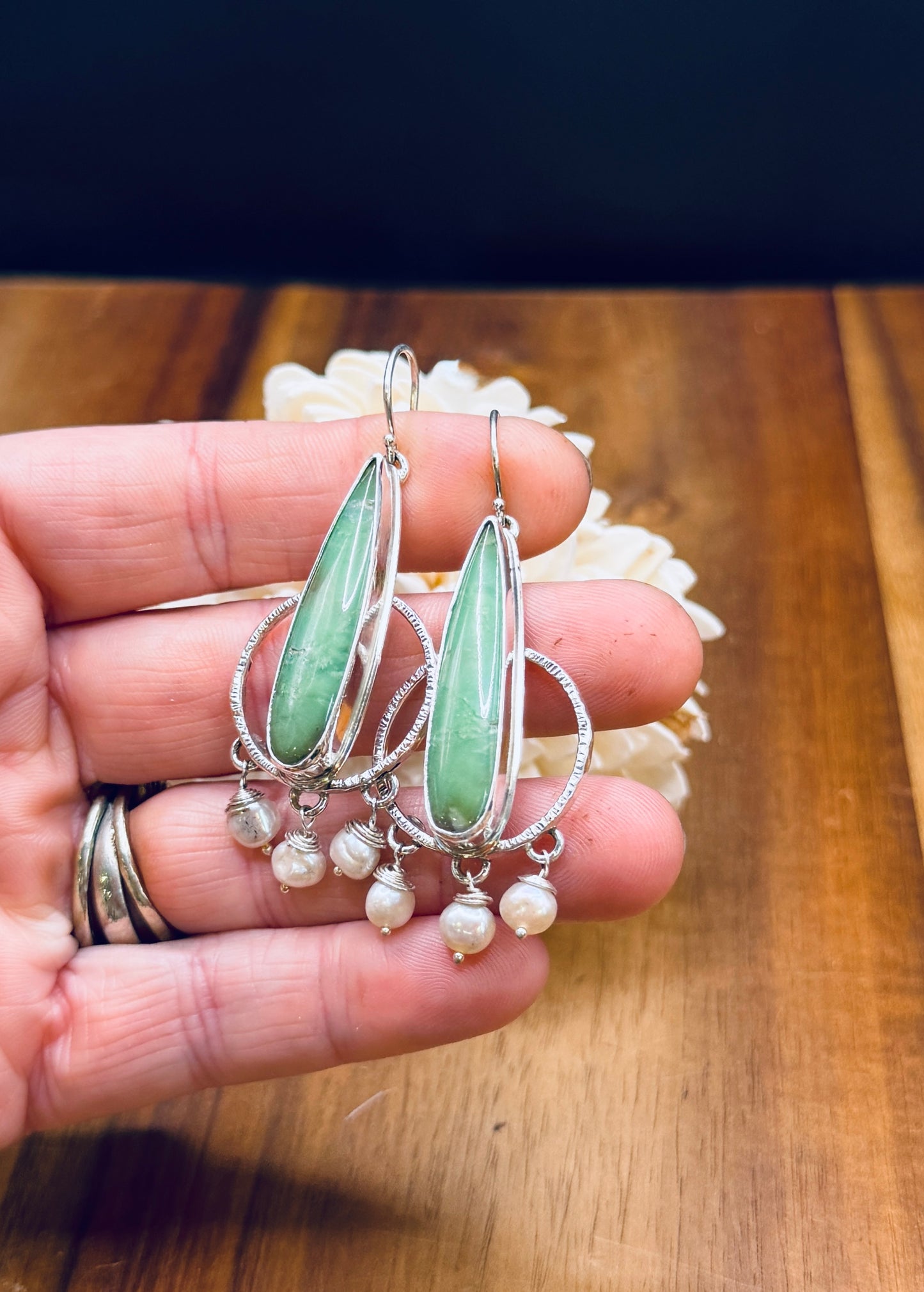 Sterling Silver Chrysoprase with white Pearl Earrings