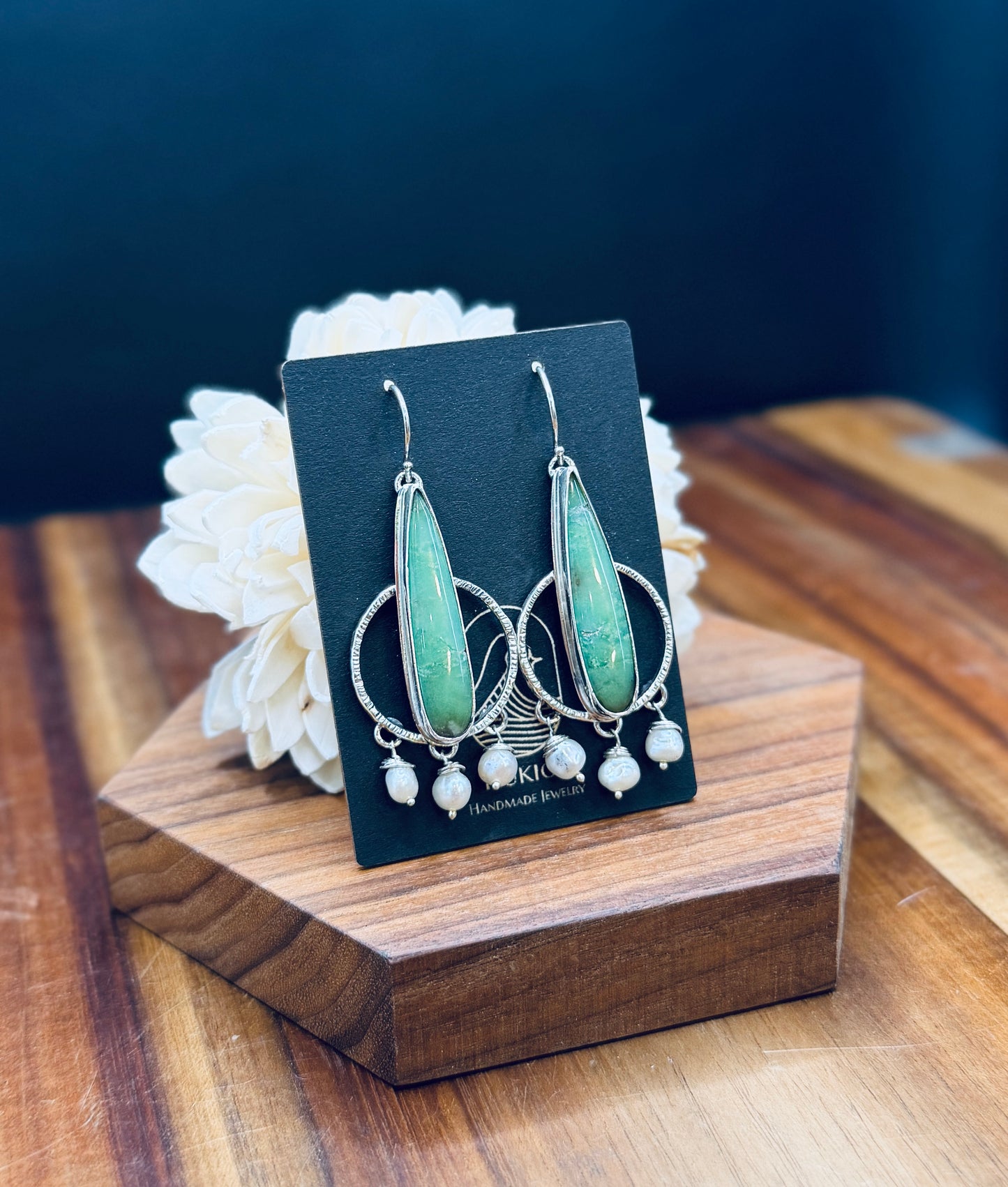 Sterling Silver Chrysoprase with white Pearl Earrings