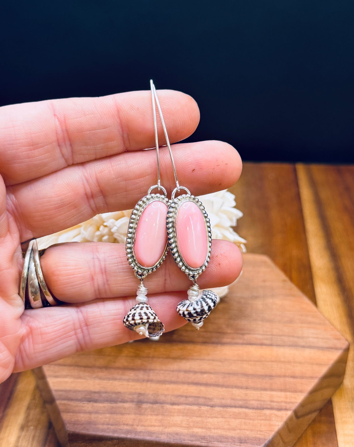 Sterling Silver Pink Conch Shell with Heliacus Shell and Pearls