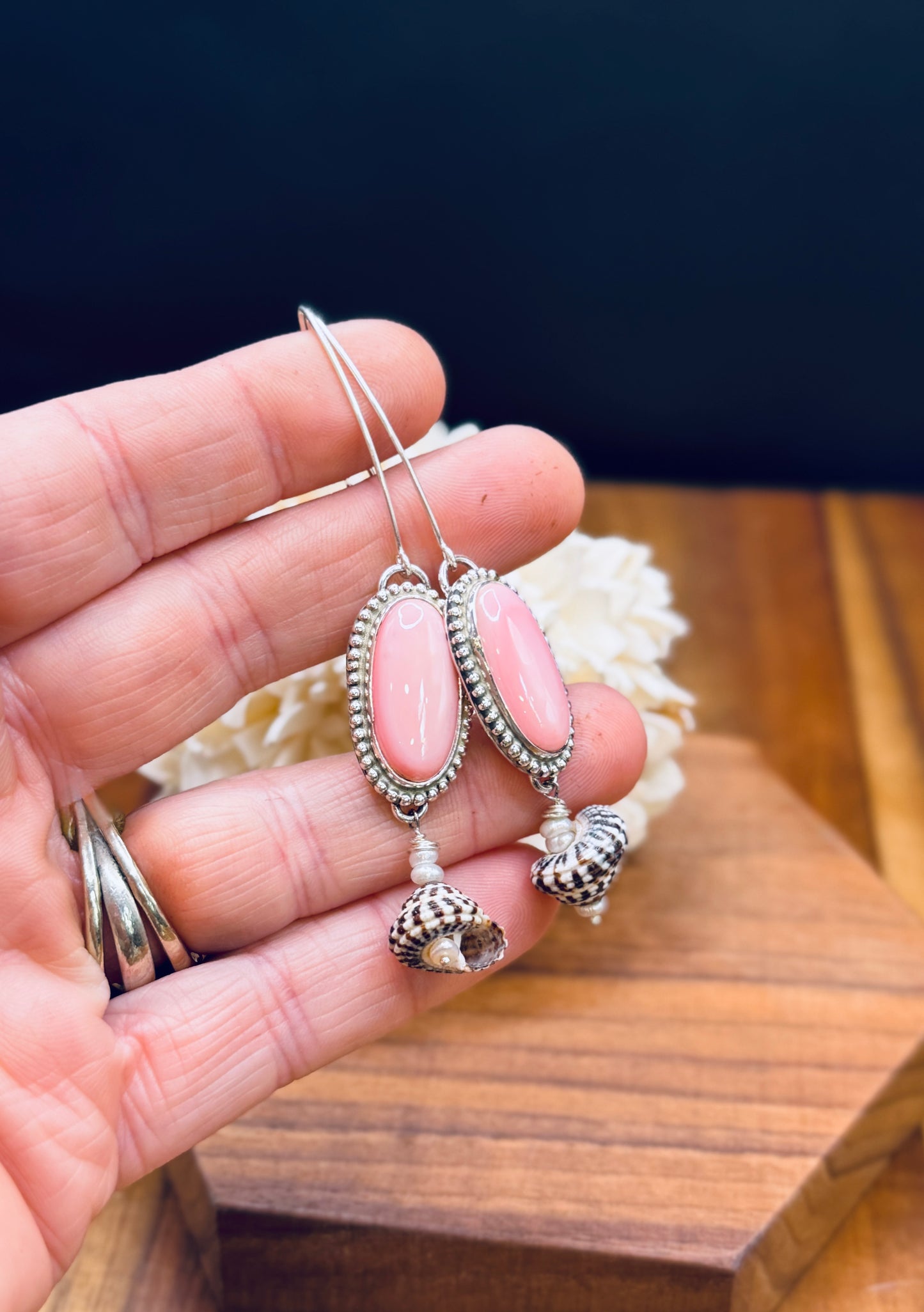 Sterling Silver Pink Conch Shell with Heliacus Shell and Pearls