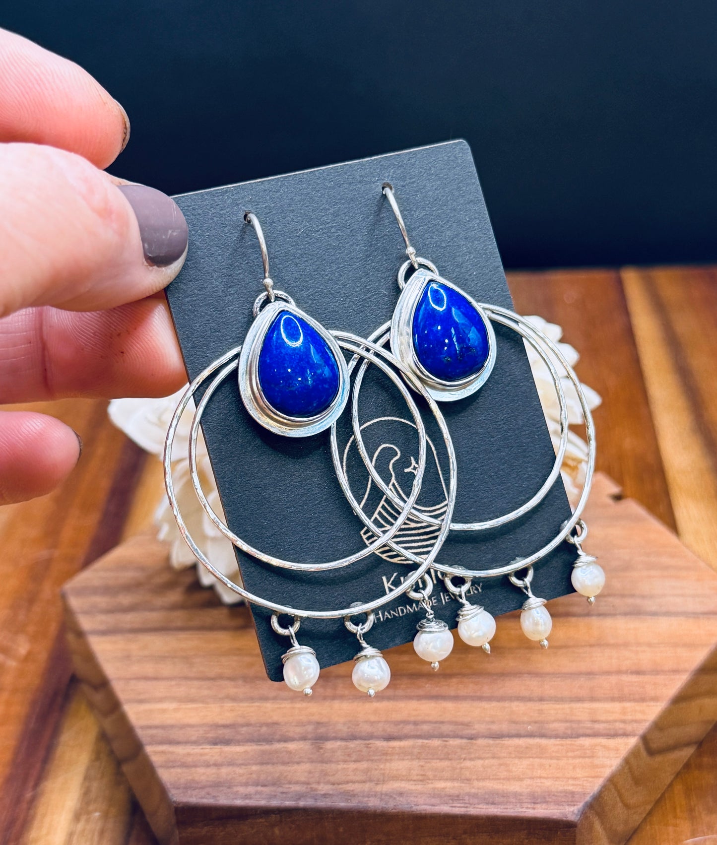 Sterling Silver Lapis and Pearl Hoop Earrings