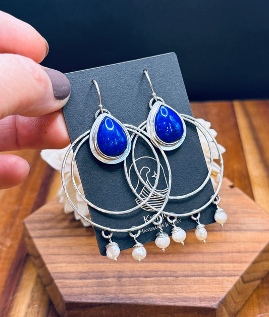 Sterling Silver Lapis and Pearl Hoop Earrings