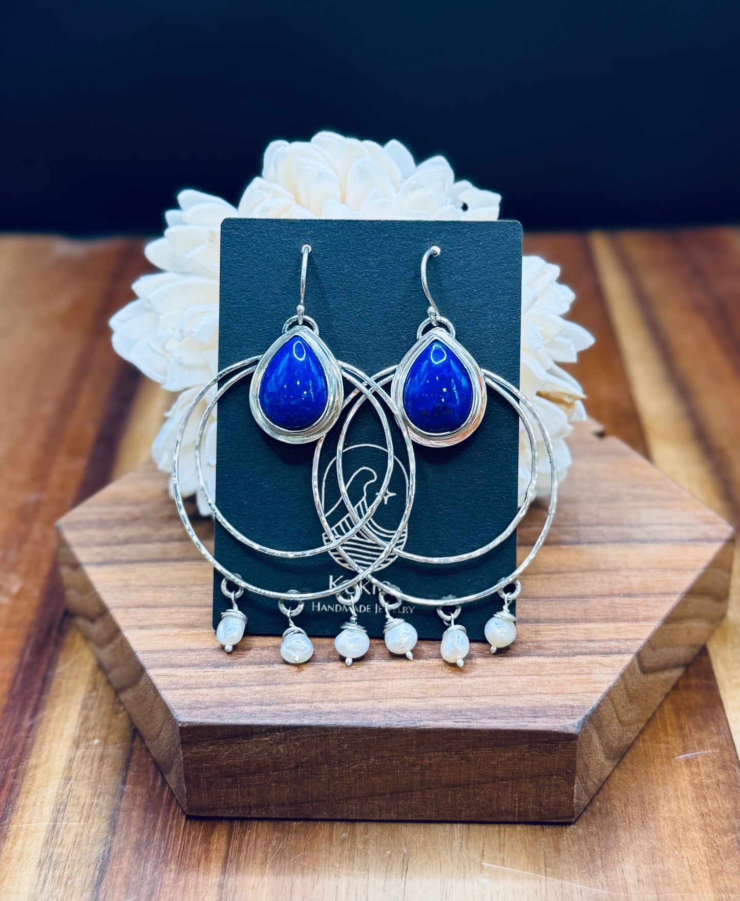Sterling Silver Lapis and Pearl Hoop Earrings