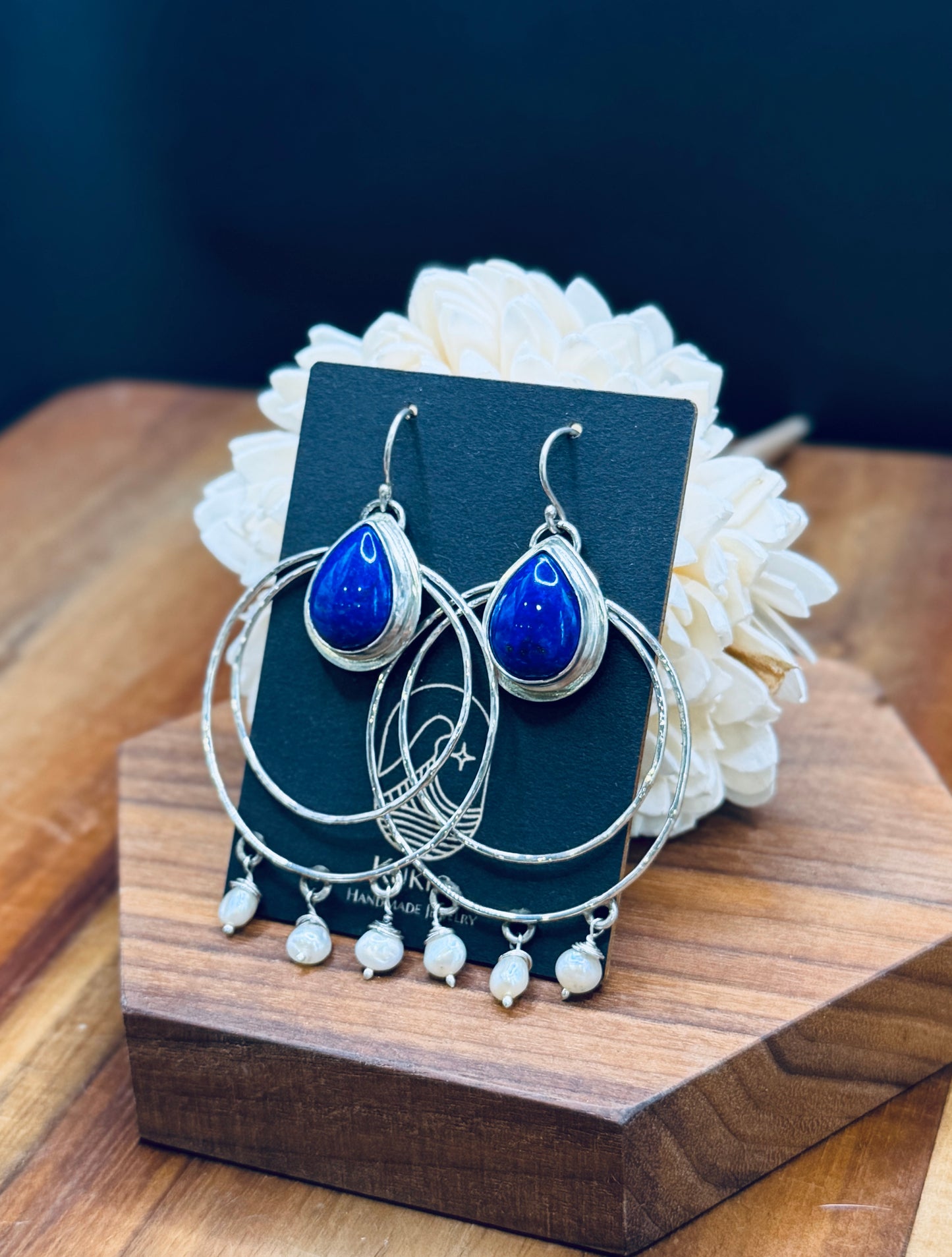 Sterling Silver Lapis and Pearl Hoop Earrings