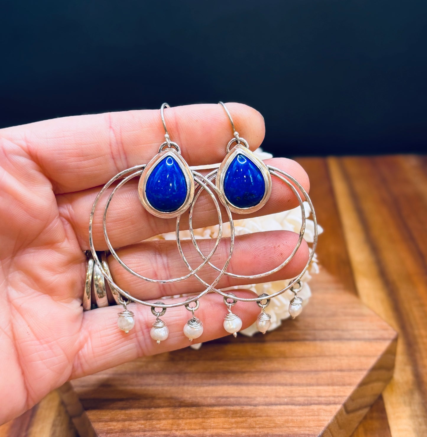 Sterling Silver Lapis and Pearl Hoop Earrings