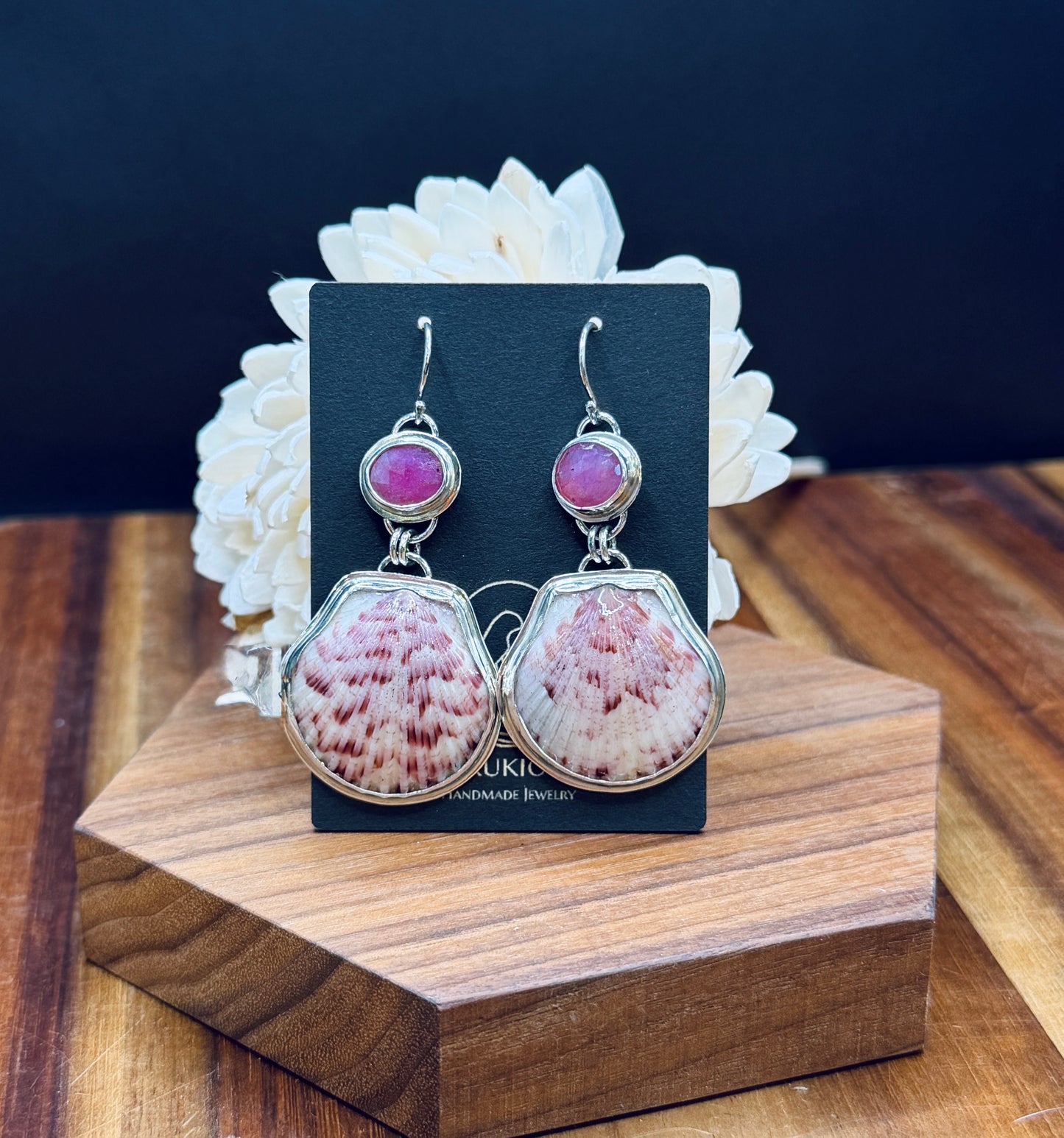 Sterling Silver Scallop Shell and Pink Sapphire Earrings