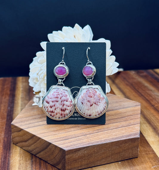 Sterling Silver Scallop Shell and Pink Sapphire Earrings
