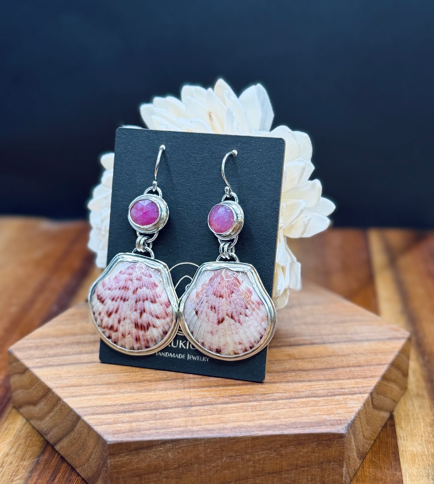 Sterling Silver Scallop Shell and Pink Sapphire Earrings