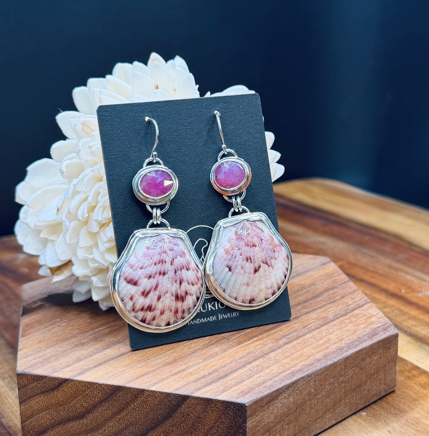 Sterling Silver Scallop Shell and Pink Sapphire Earrings