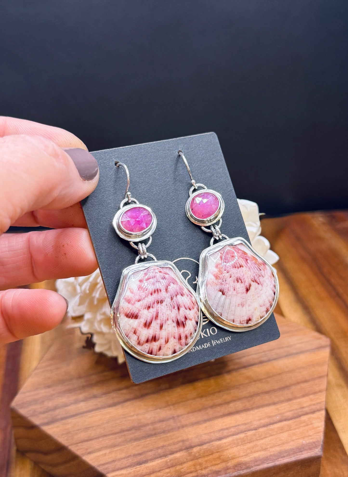 Sterling Silver Scallop Shell and Pink Sapphire Earrings