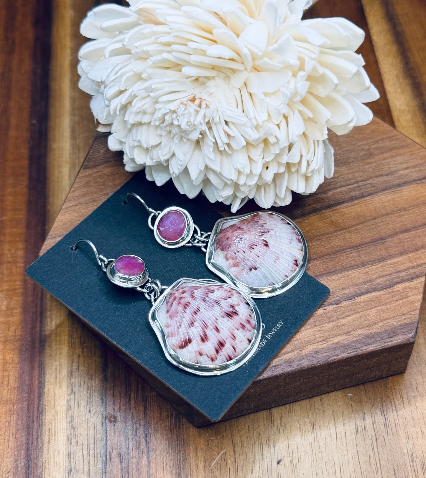 Sterling Silver Scallop Shell and Pink Sapphire Earrings