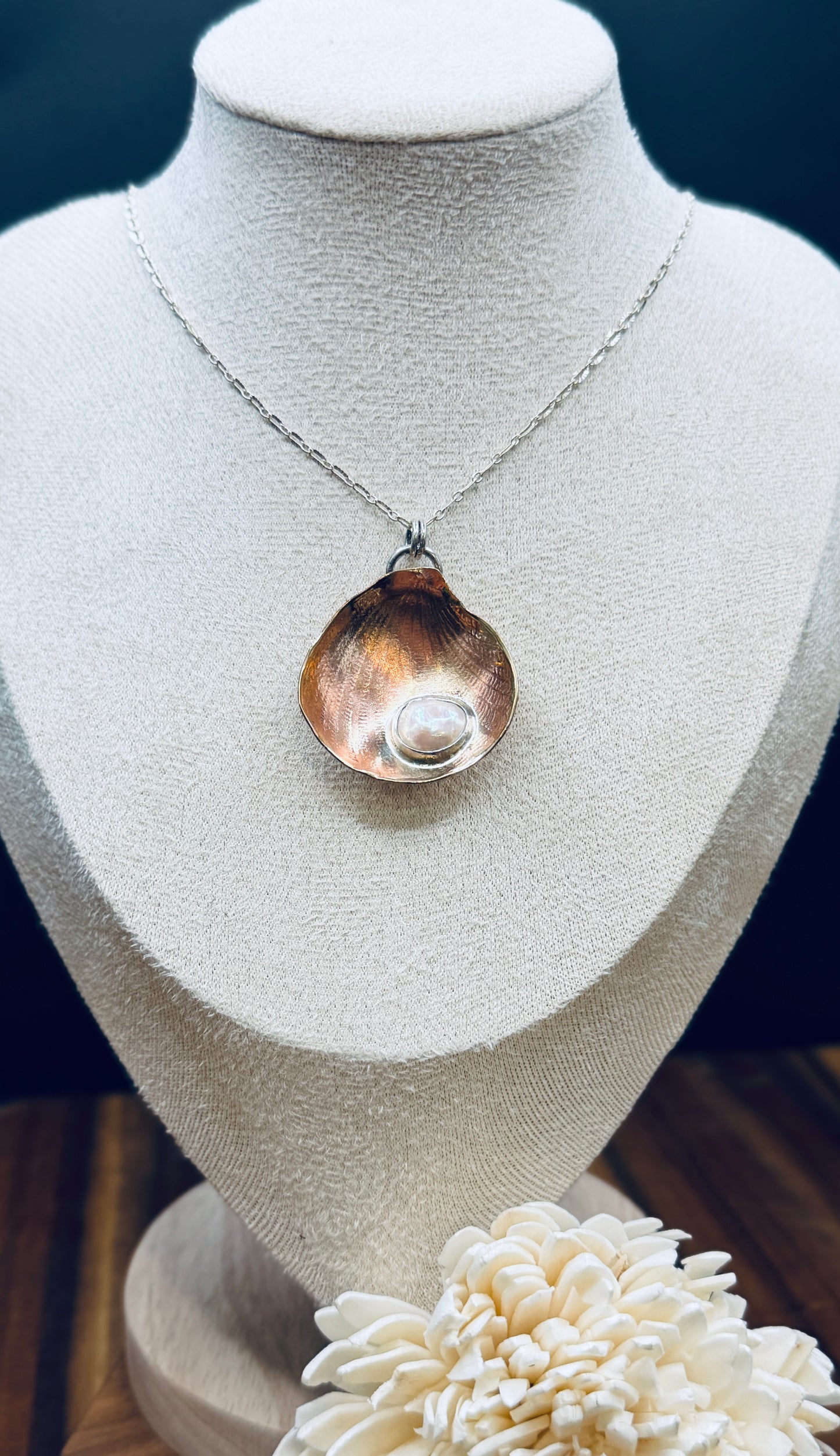 Brass and Stering Silver Shell Pendant with Fresh Water Pearl