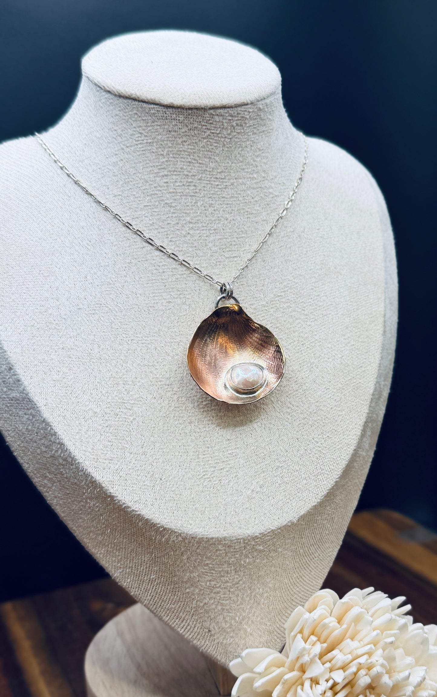 Brass and Stering Silver Shell Pendant with Fresh Water Pearl