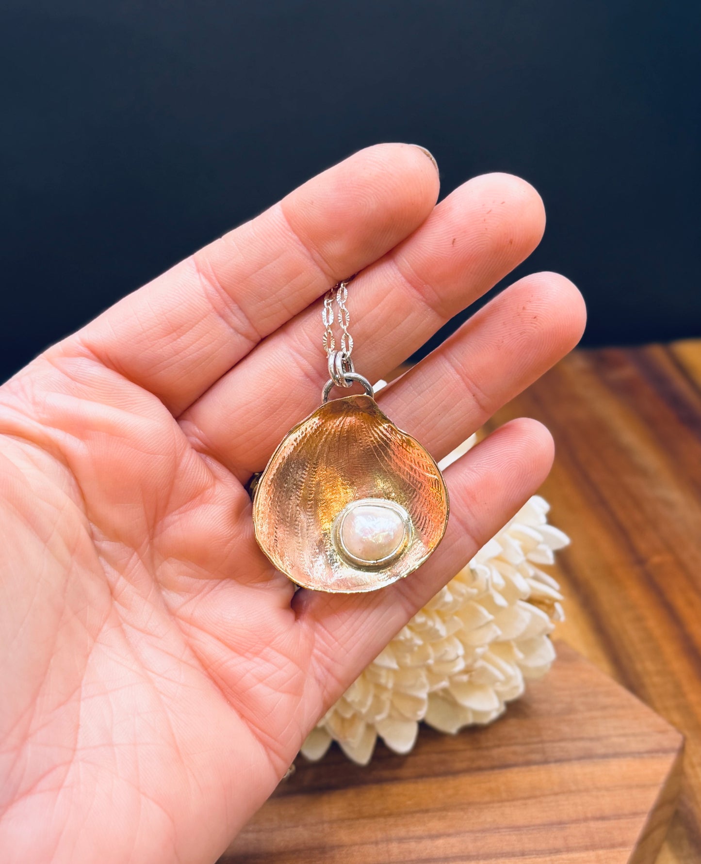 Brass and Stering Silver Shell Pendant with Fresh Water Pearl